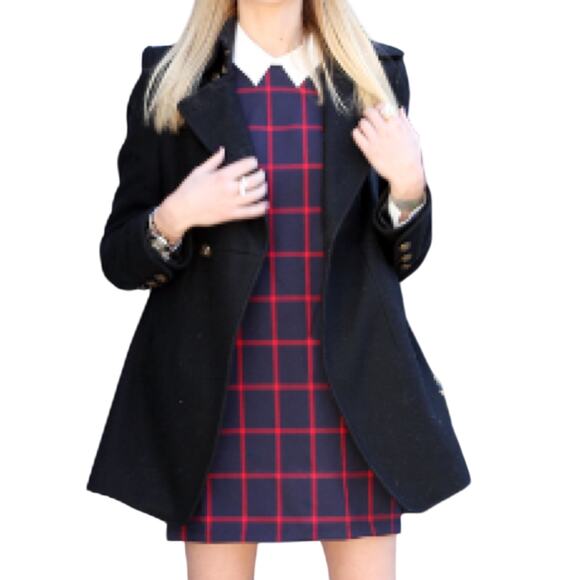 MNG By Mango Womens Size XXS Navy Red Check 3/4 Sleeve Shift Mini Dress NWT - Picture 4 of 14